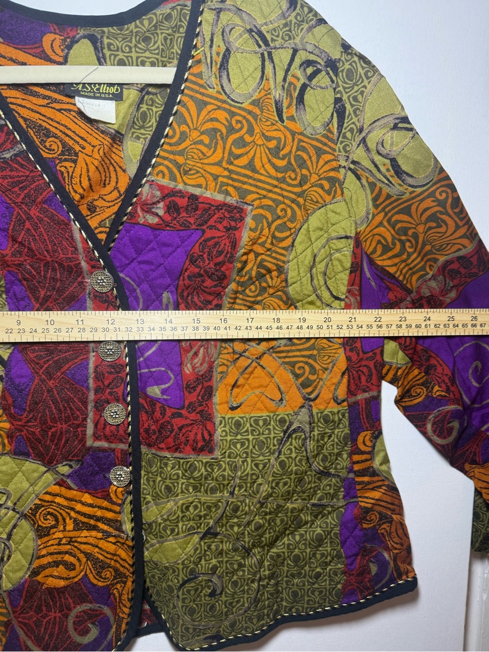 A.S. Elliot Quilted Cotton Abstract Whimsy Multicolor V-Neck Button Fall Jacket - Picture 5 of 7